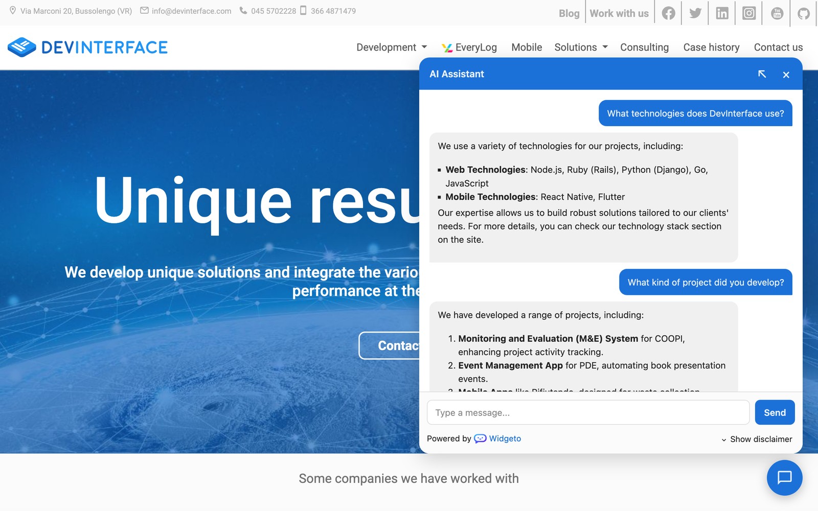 Widgeto AI chatbot installed on a real website