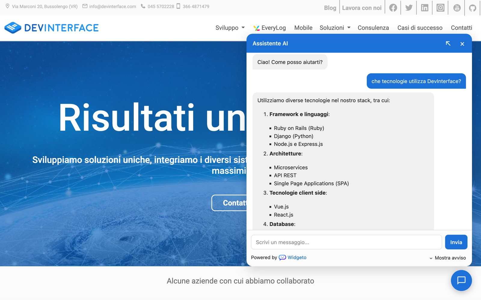 Chatbot AI Widgeto installato su un sito web