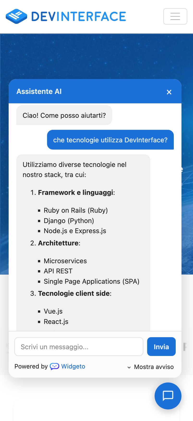 Chatbot AI Widgeto che risponde da smartphone