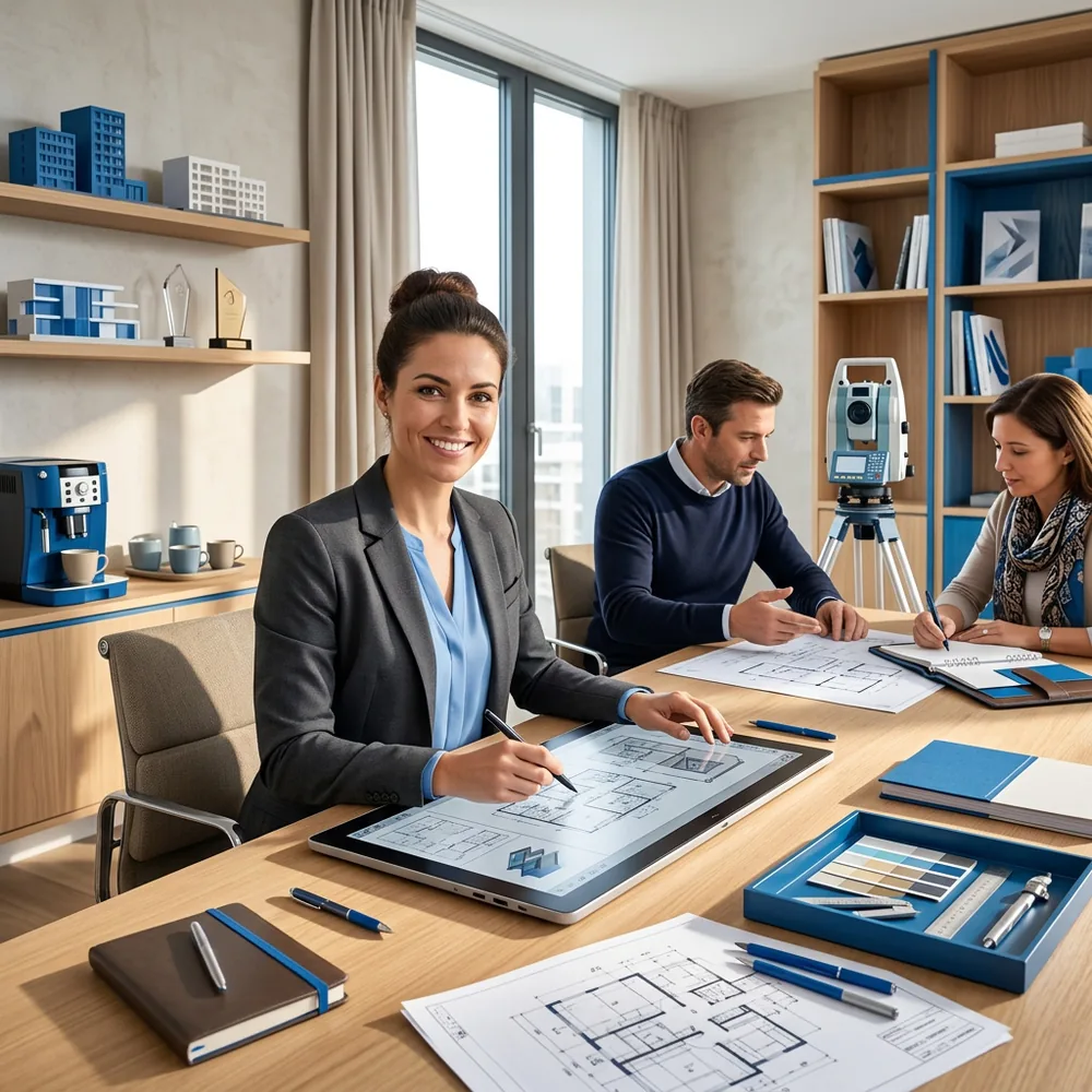 Owner of a service business working in the office with the team