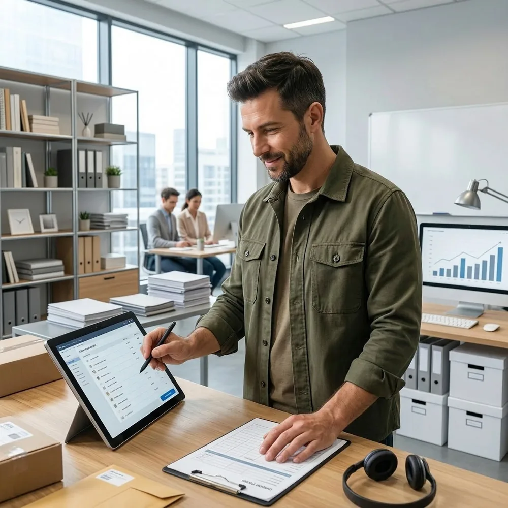 E-commerce owner managing orders and shipments from a tablet in the office