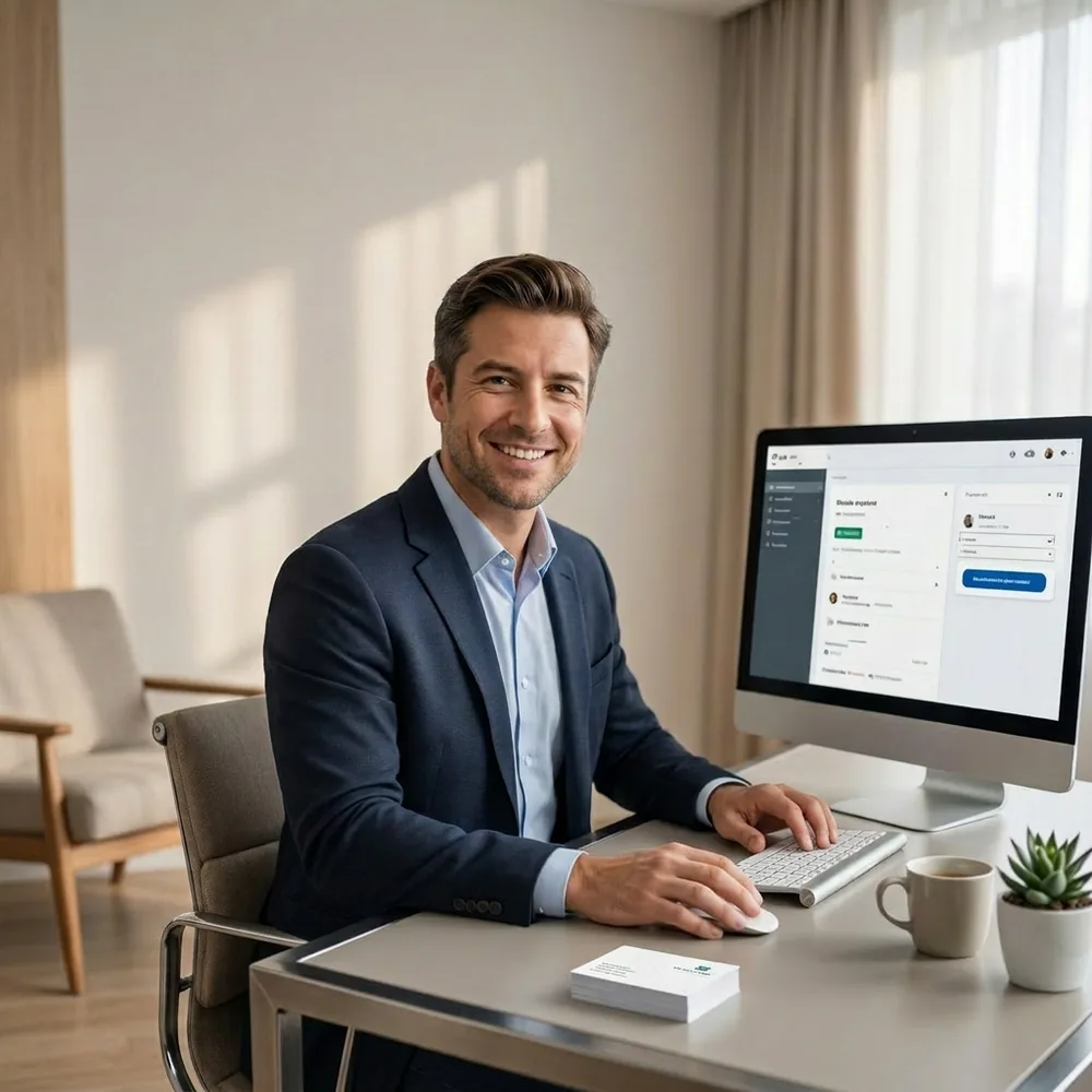 Smiling freelance professional at the desk in their office
