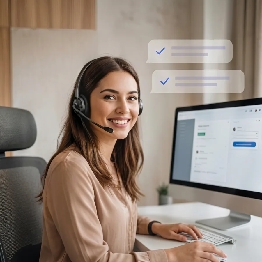 Customer care agent wearing a headset answering customers at her desk