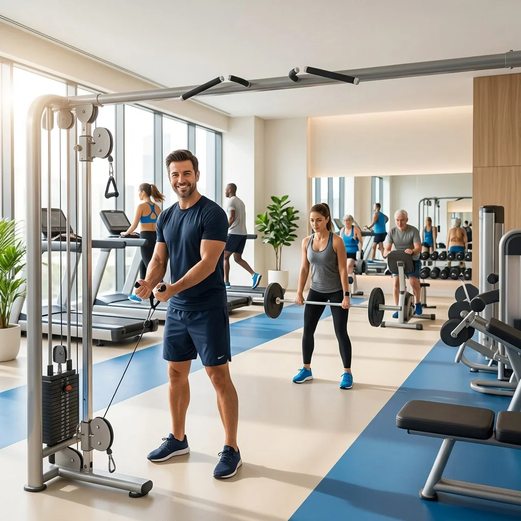Interior of a modern, bright gym with people working out among machines and weights